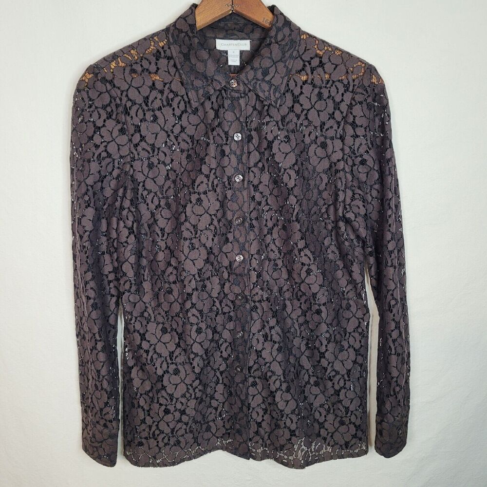 Brown & Black Sheer Floral Lace Top Womens 8 Dark Romantic Grunge Fairy Coquette